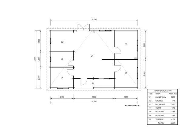 Blokhut Finn (Geïsoleerd, 44+44 mm), 70m²