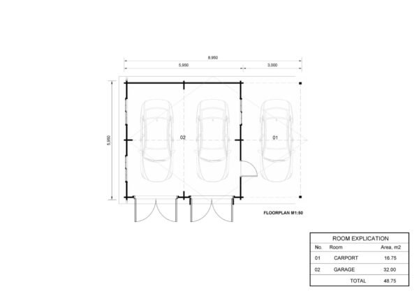 Triple Houten Garage Jeroen (44 mm), 6x6 m met carport 3x6 m